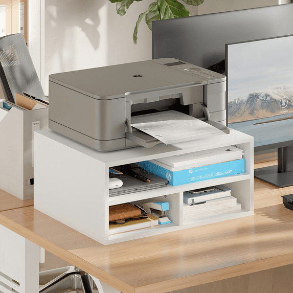 YQ JENMW Desktop Printer Stand with 2-Tier Open Storage Shelves,Printer Shelf and Desk File Organizer for Home Office,White