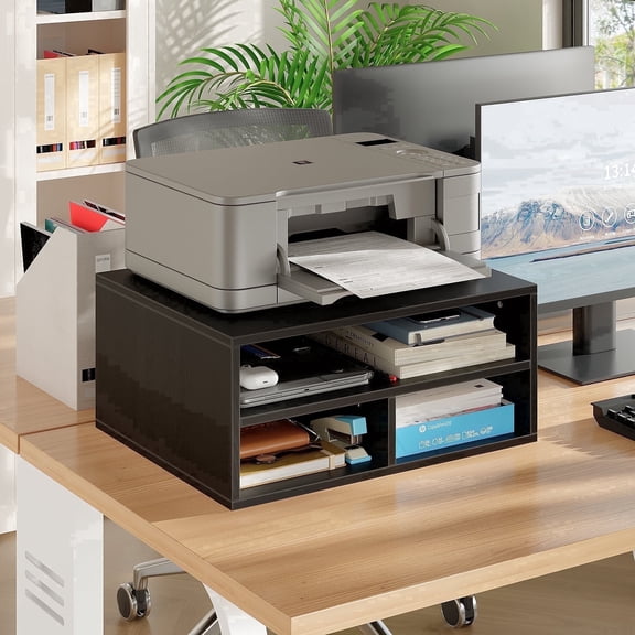 YQ JENMW Desktop Printer Stand with 2-Tier Open Storage Shelves,Printer Shelf and Desk File Organizer for Home Office,Black