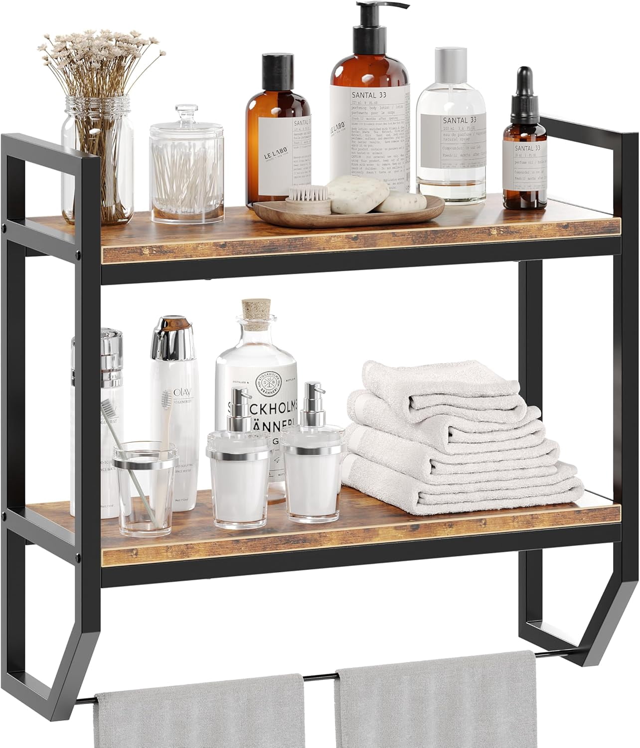 Zenira 3 Tier Wall Mounted Bathroom Shelf with Towel Bar, Industrial ...
