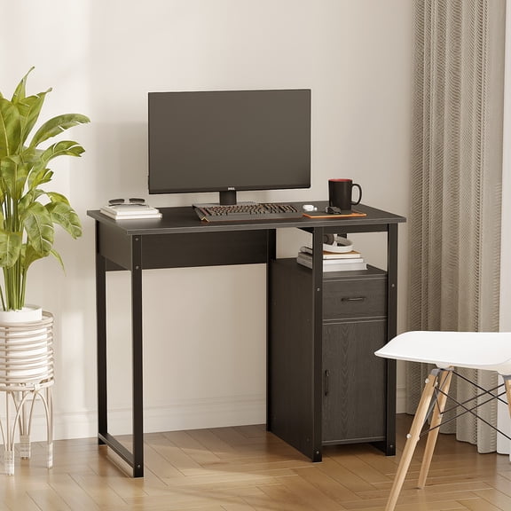 Zenira 35 inch Computer Desk with Drawer and Storage Cabinet, Open Shelf Writing Desk, Black