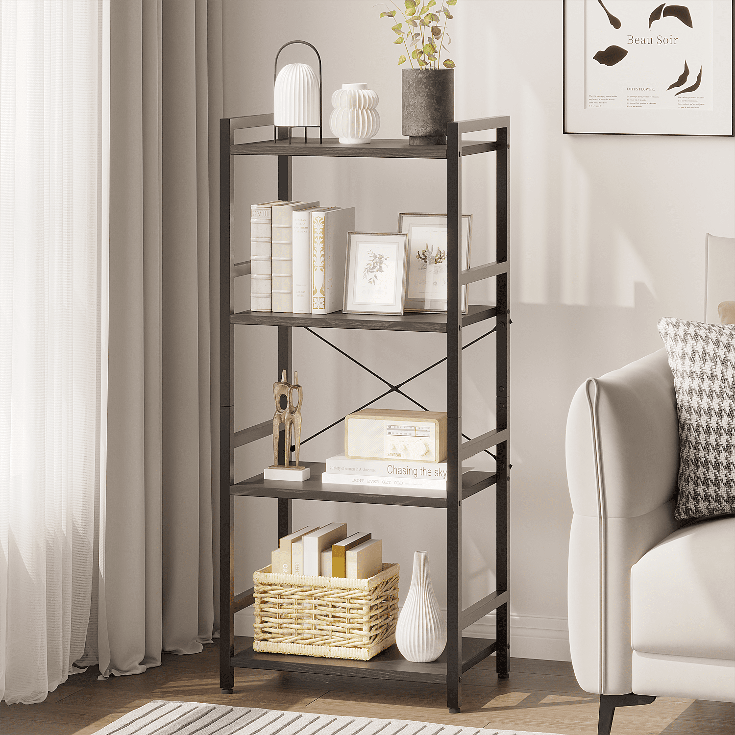 Zenira 4 Tier Small Bookshelf and Bookcase, Industrial Metal Bookshelf ...