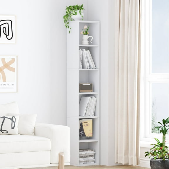 Zenira 68.5 Inches Small Tall Narrow Corner Bookshelf, 6 Shelf Cubby Storage Organizer for Small Spaces, Freestanding Storage Cabinet for Bedroom Library Living Room Home Office, Black