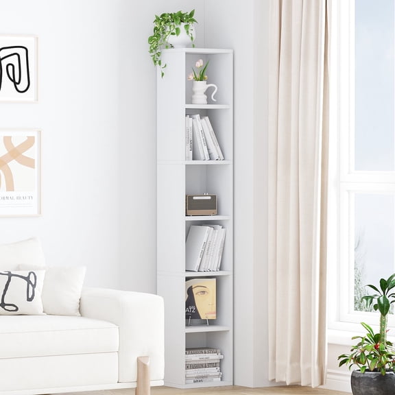 Zenira 68.5 Inches Small Tall Narrow Corner Bookshelf, 6 Shelf Cubby Storage Organizer for Small Spaces, Freestanding Storage Cabinet for Bedroom Library Living Room Home Office, Black