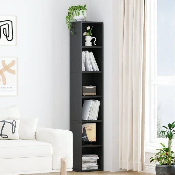 Zenira 68.5 Inches Small Tall Narrow Corner Bookshelf, 6 Shelf Cubby Storage Organizer for Small Spaces, Freestanding Storage Cabinet for Bedroom Library Living Room Home Office, Black