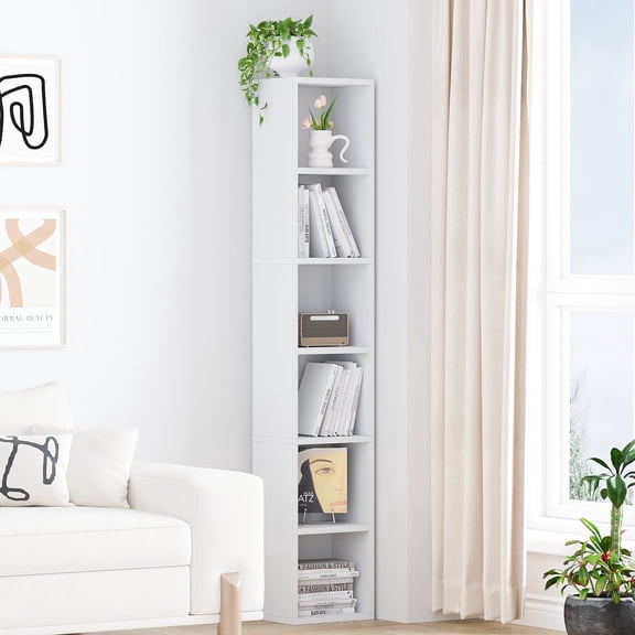 Zenira 68.5 Inches Small Tall Narrow Corner Bookshelf, 6 Shelf Cubby Storage Organizer for Small Spaces, Freestanding Storage Cabinet for Bedroom Library Living Room Home Office, Black