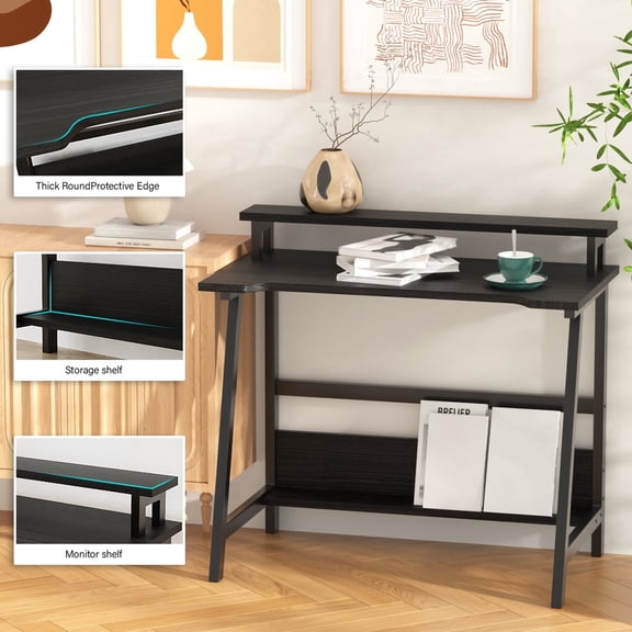 ALISENED Computer Home Office Desk,31.5" Desk for Small Spaces with Storage Shelf,Small Computer Desk with Monitor and Bookshelf,Modern Simple Style Laptop Desk,Black