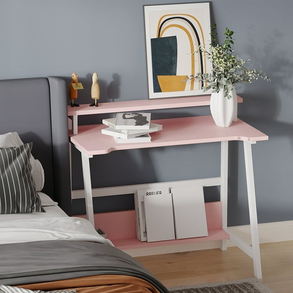 Zenira Computer Home Office Desk,31.5" Desk for Small Spaces with Storage Shelf,Small Computer Desk with Monitor and Bookshelf,Modern Simple Style Laptop Desk,Pink