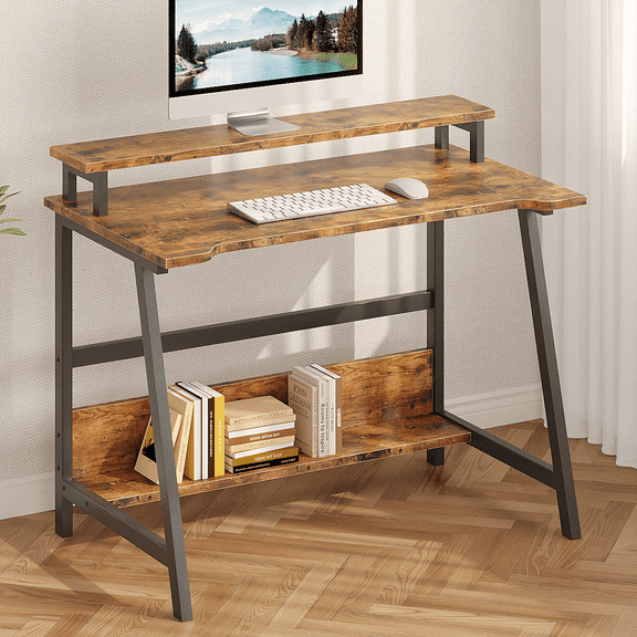 Zenira Computer Home Office Desk,31.5" Desk for Small Spaces with Storage Shelf,Small Computer Desk with Monitor and Bookshelf,Modern Simple Style Laptop Desk,Retro