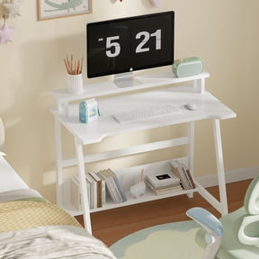 Zenira Computer Home Office Desk,31.5" Desk for Small Spaces with Storage Shelf,Small Computer Desk with Monitor and Bookshelf,Modern Simple Style Laptop Desk,White
