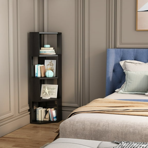 Zenira Corner Bookshelf, 4 Tiers Wooden Corner Bookcase Bookshelf Large Open Storage Display Rack with Fixture for Living Room Bedroom Study Office