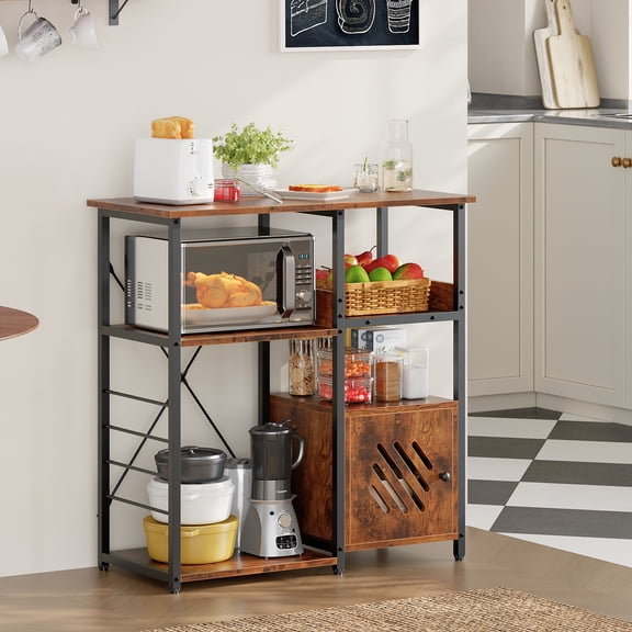 Zenira Industrial Kitchen Baker's Rack with Multi-Tier Shelves, Microwave Stand with Wire Basket & Hooks, Multi-Functional Storage Utility Shelf for Adults