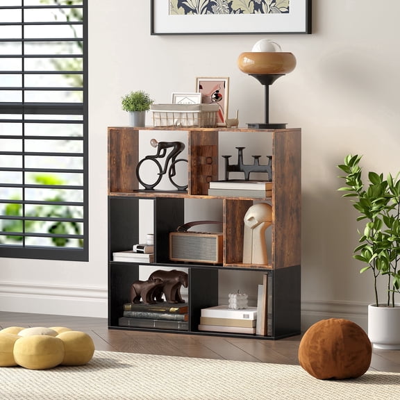 YQ JENMW Book Shelf,7-Cube Bookshelf, Bookcase with Open Shelves,Easy Assembly,for Living Room,Bedroom,Home Office,Retro&Black