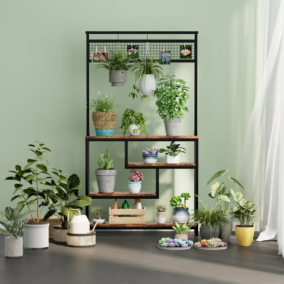 Zenira Multi-layer ironwork flower stand, multi-layer staggered and grid hanging design, brown.