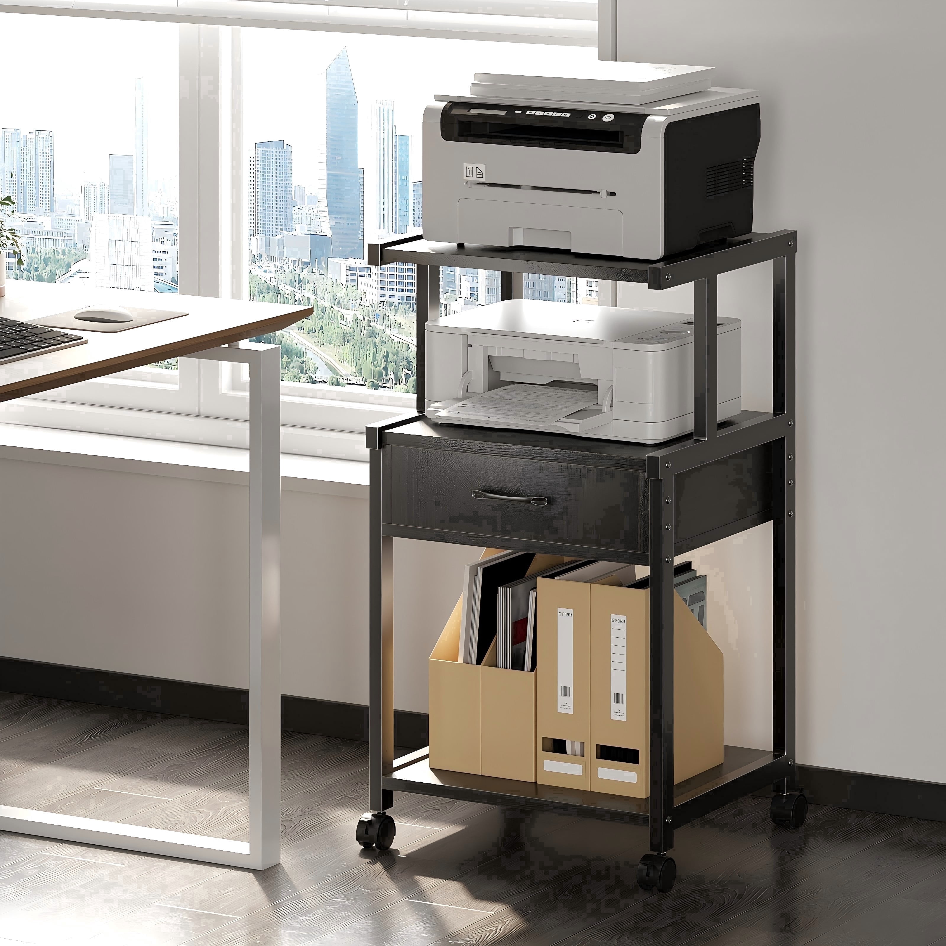 YQ JENMW Printer Stand with Wheels,Drawer and Storage Shelf,3-Tier Rolling Mobile Printer Cart Fits Letter and A4 Size Files for Home Office,Black