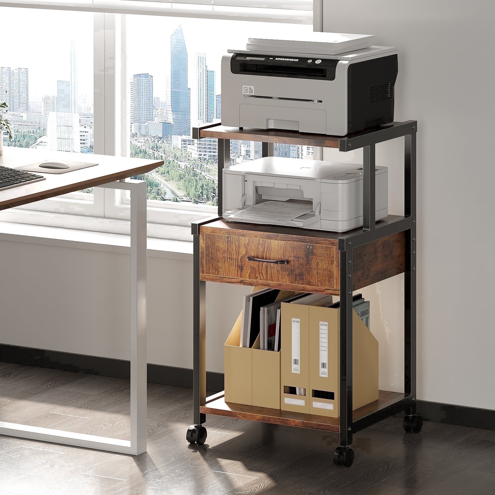 YQ JENMW Printer Stand with Wheels,Drawer and Storage Shelf,3-Tier Rolling Mobile Printer Cart Fits Letter and A4 Size Files for Home Office,Brown