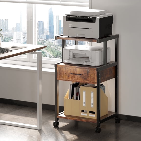 YQ JENMW Printer Stand with Wheels,Drawer and Storage Shelf,3-Tier Rolling Mobile Printer Cart Fits Letter and A4 Size Files for Home Office,Brown