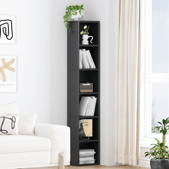 YQ JENMW 6-Tier Tall Narrow Bookshelf,Slim Storage Organizer Shelf,Display Storage Shelf for Living Room,Bedroom,Home Office,Black
