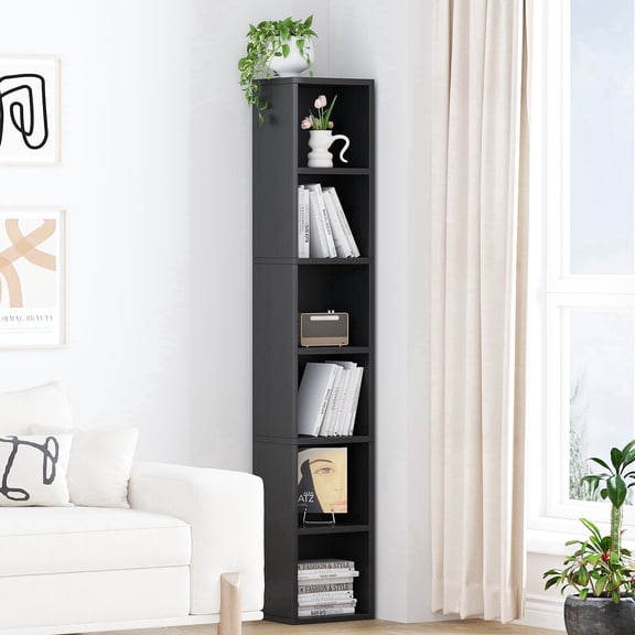 YQ JENMW 6-Tier Tall Narrow Bookshelf,Slim Storage Organizer Shelf,Display Storage Shelf for Living Room,Bedroom,Home Office,Black