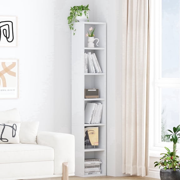 YQ JENMW 6-Tier Tall Narrow Bookshelf,Slim Storage Organizer Shelf,Freestanding Display Storage Shelf for Living Room,Bedroom,Home Office,White