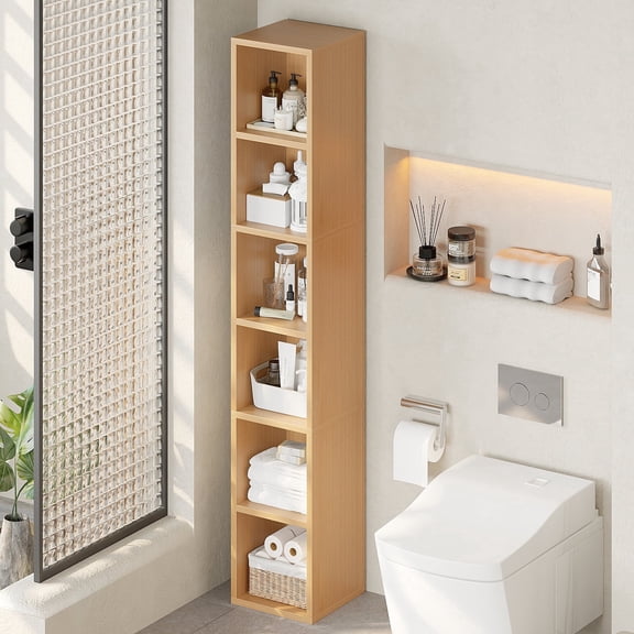 YQ JENMW 6-Tier Tall Narrow Bookshelf,Slim Storage Organizer Shelf,Display Storage Shelf for Living Room,Bedroom,Home Office,Tech Wood Color