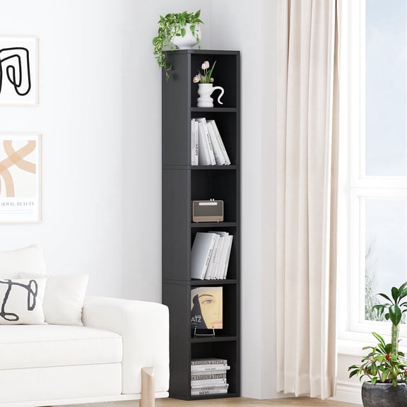 YQ JENMW 6-Tier Tall Narrow Bookshelf,Slim Storage Organizer Shelf,Display Storage Shelf for Living Room,Bedroom,Home Office,Black