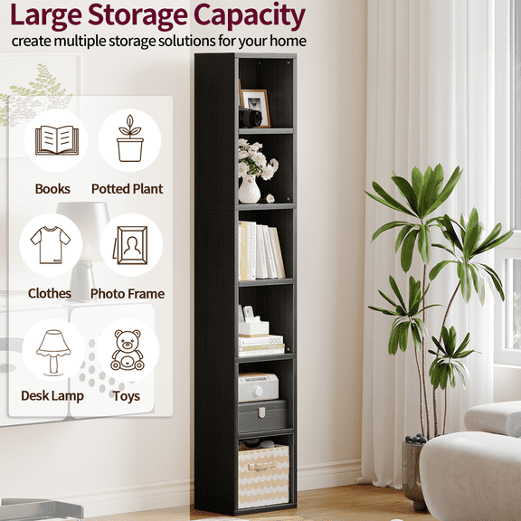 YQ JENMW 6-Tier Tall Narrow Bookshelf,Slim Storage Organizer Shelf,Display Storage Shelf for Living Room,Bedroom,Home Office,Black