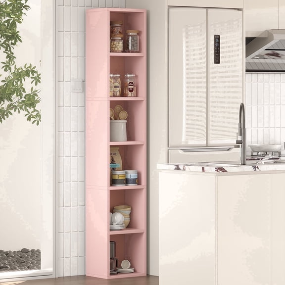 YQ JENMW 6-Tier Tall Narrow Bookshelf,Slim Storage Organizer Shelf,Display Storage Shelf for Living Room,Bedroom,Home Office,Pink