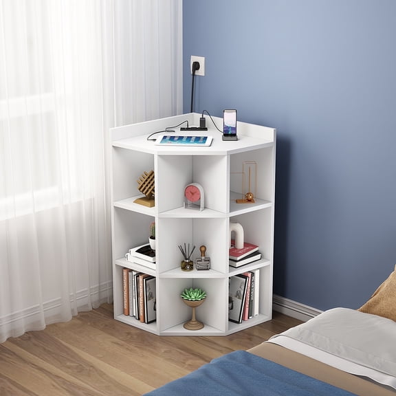 Zenira Simple style, modern trend, hexagonal multi-layer corner multi-functional storage, with charging slots, shelves, White