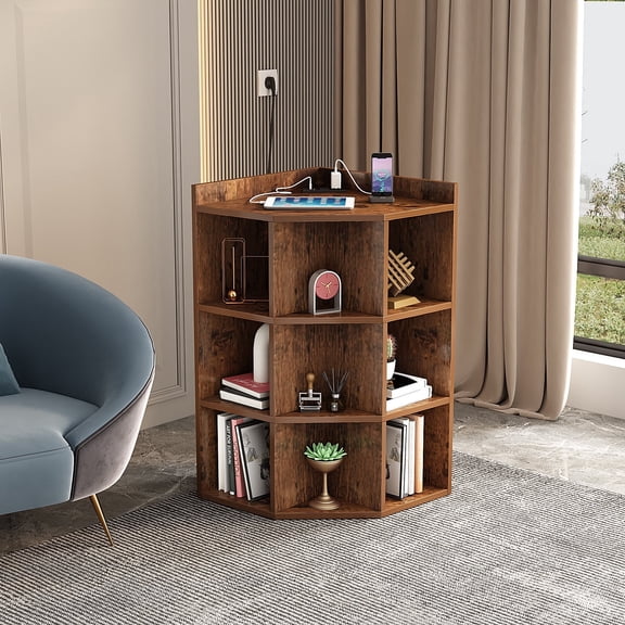 Zenira Simple style, modern trend, hexagonal multi-layer corner multi-functional storage, with charging slots, shelves, Brown