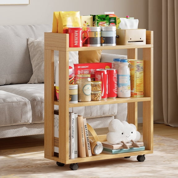 Zenira Slim Rolling Storage Shelf with Guardrails, Open Mobile Display Bookcase, Narrow Organizer Rack for Adults, Ideal for Home Office, Living Room & Bathroom