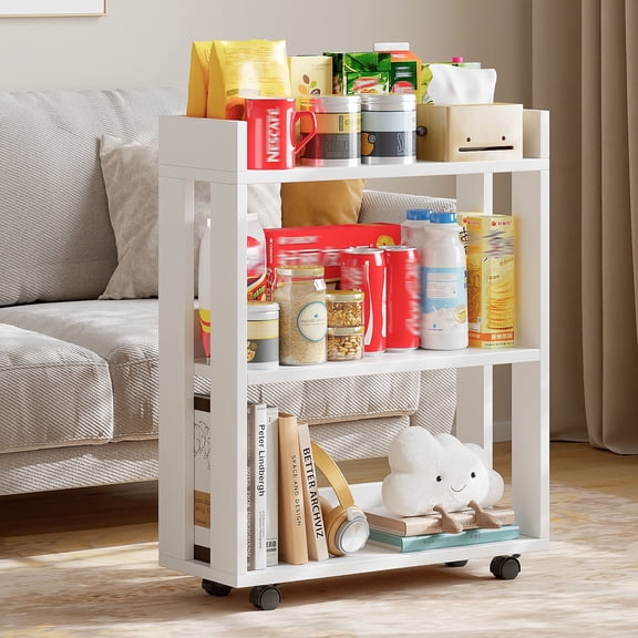Zenira Slim Rolling Storage Shelf with Guardrails, Open Mobile Display Bookcase, Narrow Organizer Rack for Adults, Ideal for Home Office, Living Room & Bathroom