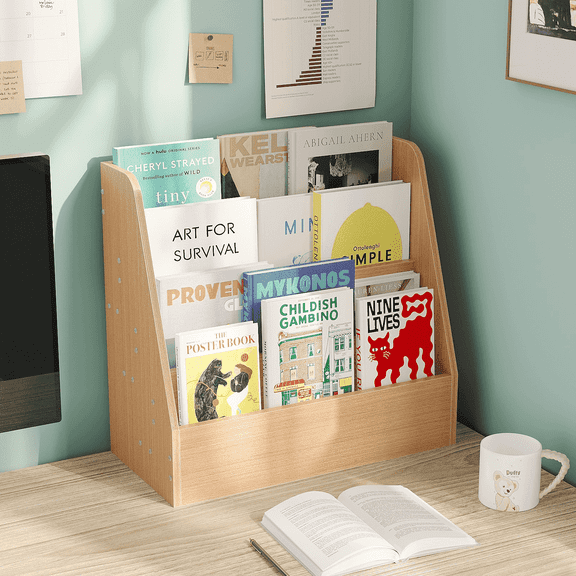 YQ JENMW 4 Tier Book Display Shelf,Desktop Bookshelf Organizer,Magazine Holder and Desktop File Organizer for Home Office, Tech Wood Color