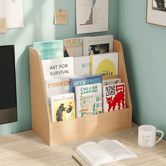 YQ JENMW 4-Tier Book Display Shelf, Magazine Holder and Desktop File Organizer, Front Facing Bookshelf for Home Office, Tech Wood Color