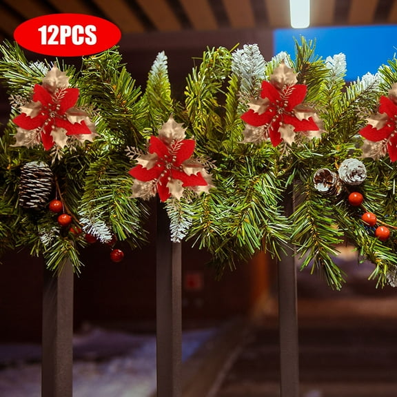 Zenithome 12pcs Artificial Poinsettia Holly Flowers, Lifelike Velvet Christmas Floral Arrangement for Home Decor, Wreath Mantel Table Gift Ornament