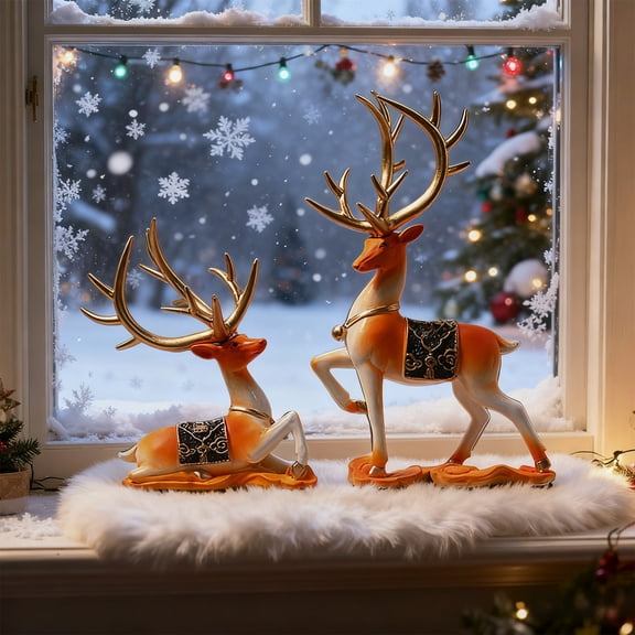 Zenithome 2PC Resin Deer Ornaments Luxurious Elegant Exquisite Multicolor 8.85 X 5.51 X 3.54In 5.9 X 5.31 X 3.54In For Living Room Tv Cabinet Wine Cabinet Christmas Home Decor