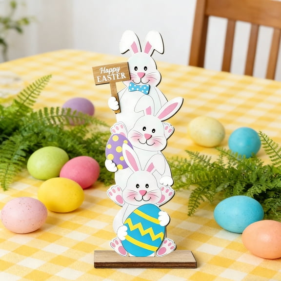 Zenithome 2Pcs Handmade Sturdy Vivid Multicolor Wooden Easter Rabbit Egg Chick Ornament for Tabletop Party Outdoor Event Decoration In 7.08x2.75In