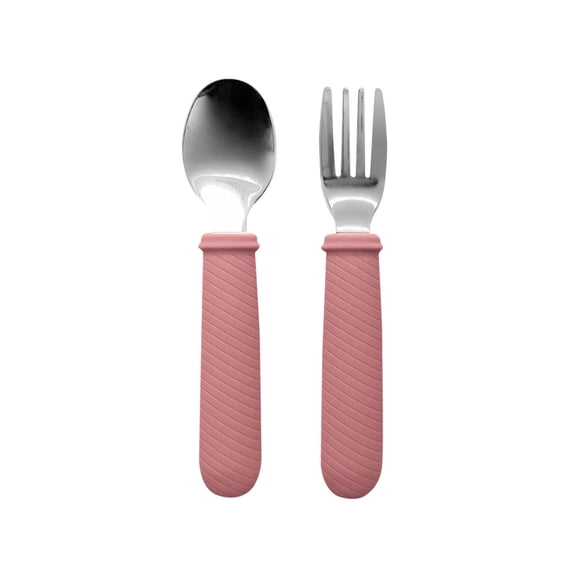 EazyTech 2Pcs Safe Cute ErgonomicFork and Spoon with Silica Gel Grip for Home Nursery Travel Soft Secure Easy Hold Smooth Light Ideal for Feeding Learning Meals