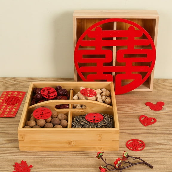 Zenithome 4-Compartment Wooden Dried Fruit Tray with Handle for Wedding Engagement Party Kitchen Oven Safe Snack Serving Decorative Gift Box