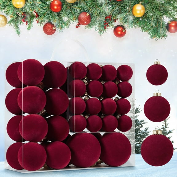 Zenithome 46 Pcs Red Flocked Velvet Christmas Balls 2.2in, Durable Plastic Ornaments for Tree Walls Party Decorations