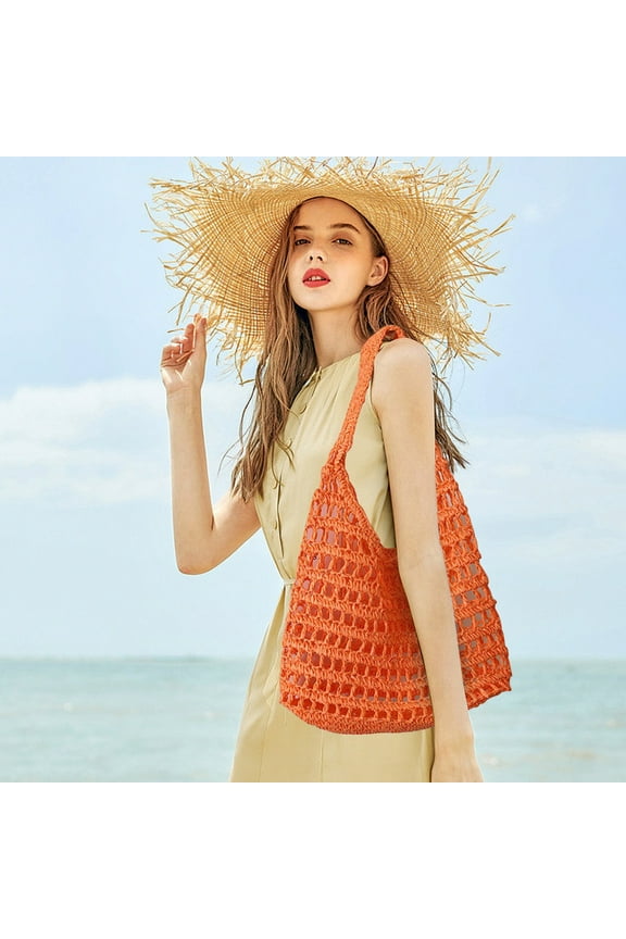 Chic Spacious Lightweight Pink Blue Orange Coffee Beige Crochet Straw Backpack For Beach Hiking Shopping 14.5In X 11.8In X 0.78In