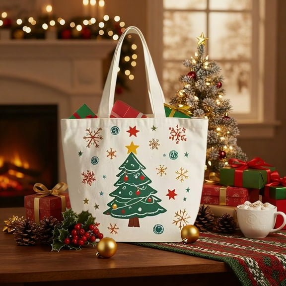 Zenithome Christmas Canvas Tote Bag with Santa Claus Print, Festive Holiday Gift Bag for Candy & Small Gifts, Reusable Shopping Bag