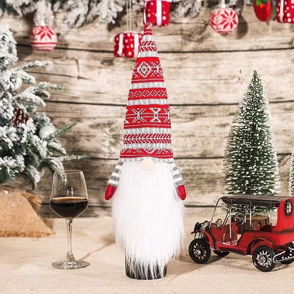 Zenithome Christmas Wine Bottle Sleeve, Festive Knitted Wool Cover with Long Beard Faceless Santa Design, European Style Holiday Table Decor, Protective Stretchable Sleeve for Parties and Gifts
