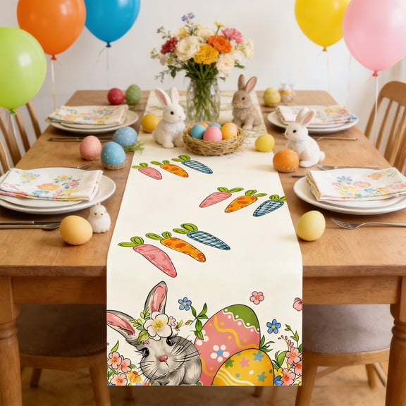 Zenithome Colorful Festive Soft Polyester Easter Themed Rabbit Egg Floral Table Runner for Holiday Party Home Kitchen Decoration In 59.06x12.99In