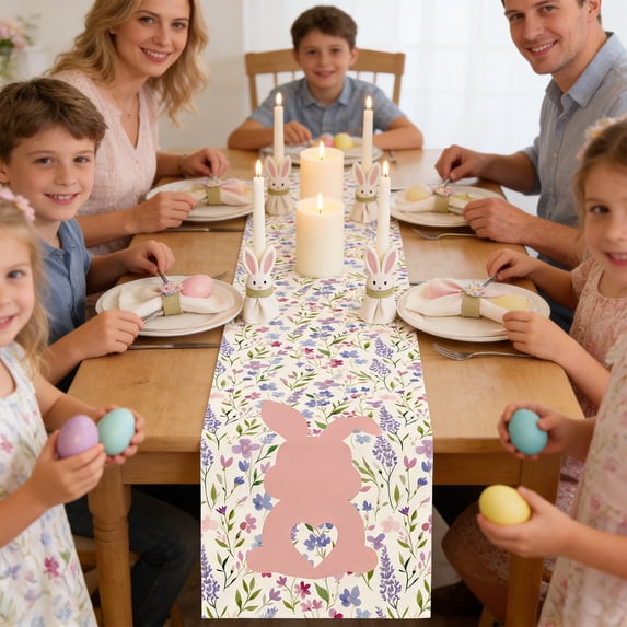 Zenithome Colorful Festive Soft Polyester Easter Themed Rabbit Egg Floral Table Runner for Holiday Party Home Kitchen Decoration In 59.06x12.99In