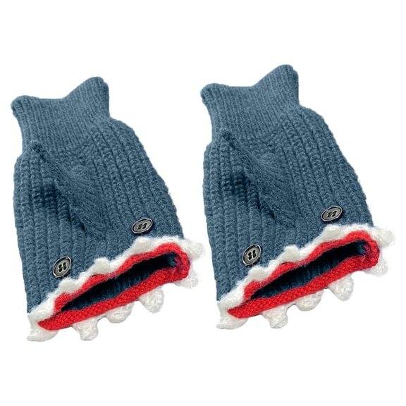 Zenithome Cute Shark Half Finger Winter Gloves Soft Warm Playful Stretchy Blue Gray Fit Hands 7 To 9 In for Texting Outdoor Commuting Travel