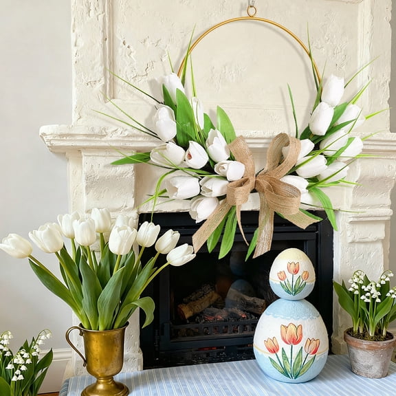 Zenithome Easter Artificial Tulips Wreath Multicolor Vivid Lifelike Flexible 15.7Inx15.7In for Stair Railing Mantel Dining Table Home Decoration