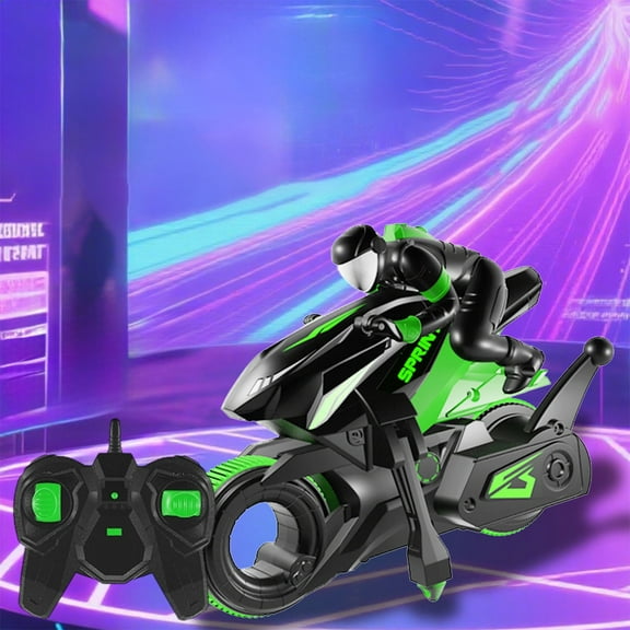 Zenithome Eye Catching Green Stunt Motorcycle Spinning RC Car High-Speed Drift Cool Sci-Fi Responsive 9.64x8.46x5.51In for Indoor Outdoor Party Play
