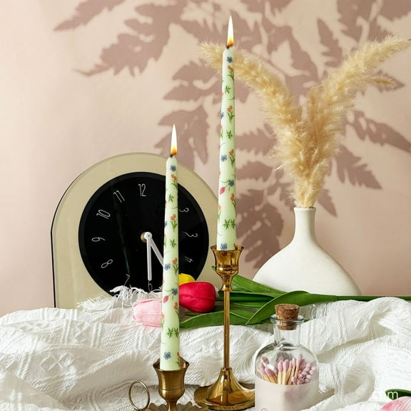 Zenithome Floral Printed Long Taper Candles for Wedding & Romantic Dinner Decor, Unscented 10-Inch Candle Sticks, 2-Pack, Purple White Green Yellow