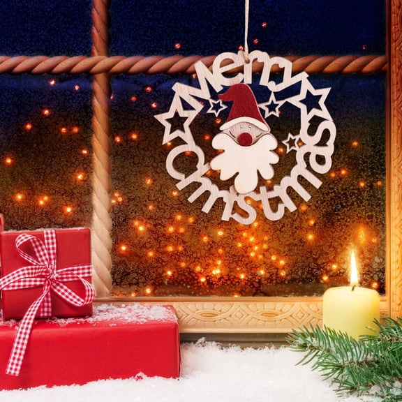 Zenithome Laser-Cut Wooden Round Christmas Ornament with Santa Reindeer Snowman Design for Front Door Wall Tree Holiday Home Decor