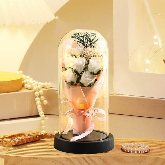 Zenithome Romantic Long Lasting Shiny Light Up Eternal Rose In Glass Dome 8.66 In X 4.72 In Purple Yellow Pink White Orange for Valentine Day Mom Birthday Anniversary Gift